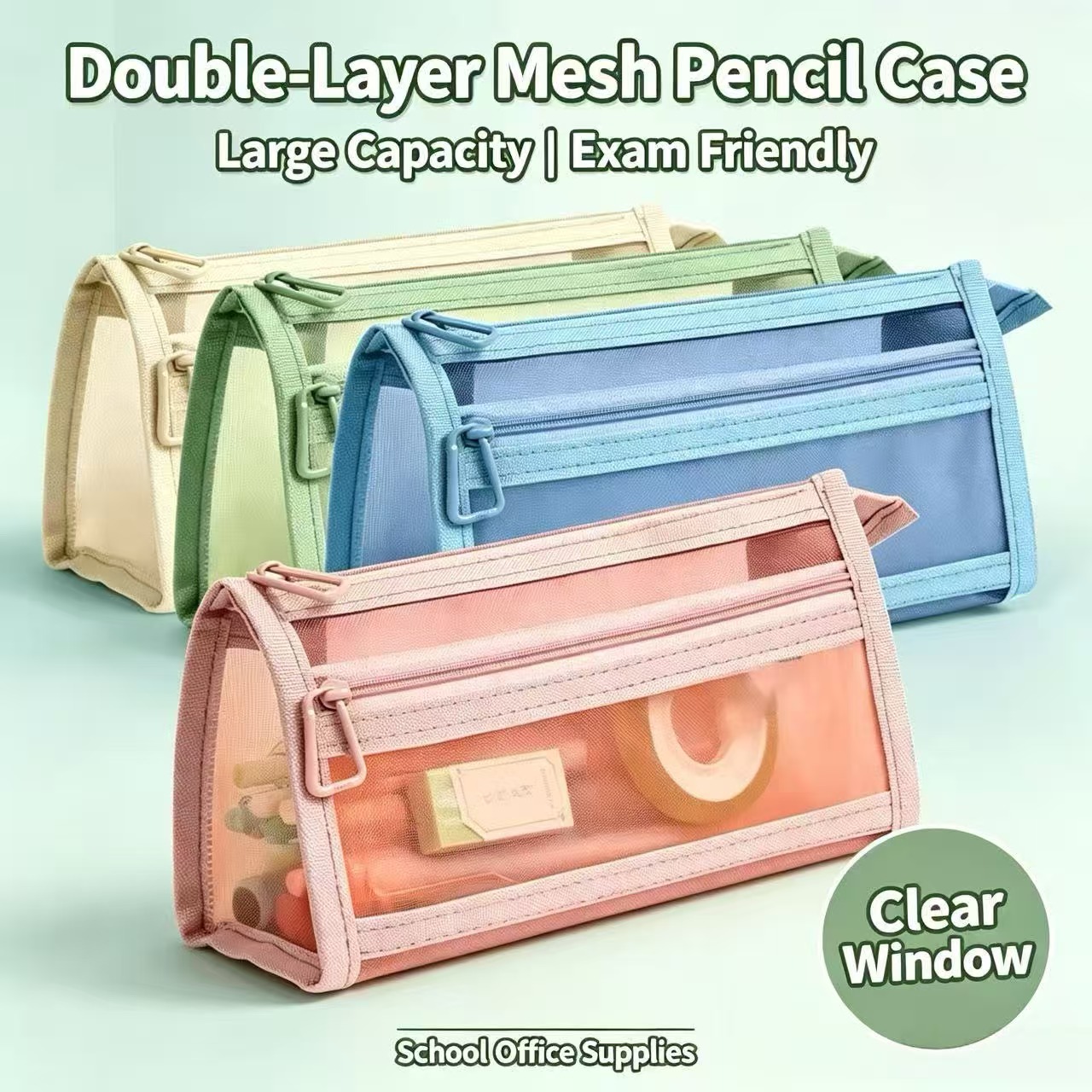 Clear Mesh Pencil Pouch For Exam - Dubbellaags transparant mesh-etui met grote capaciteit,