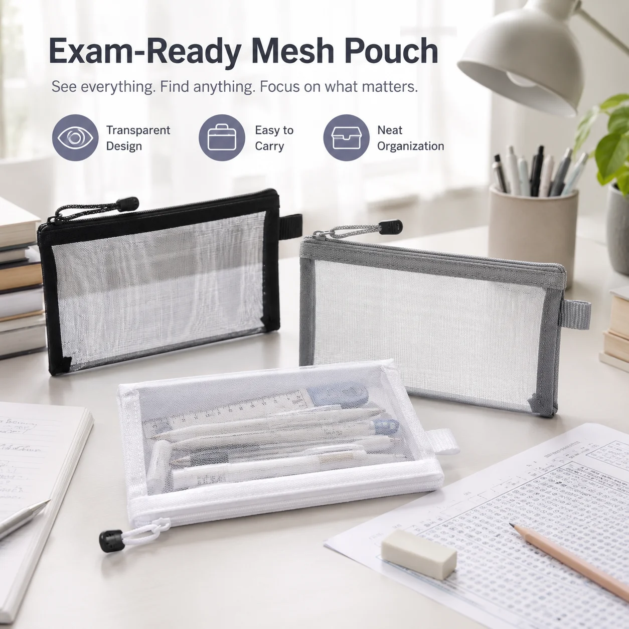 Clear Mesh Pencil Pouch For Exam - Transparante mesh-pennenzak, doorzichtige etui voor examengebruik,