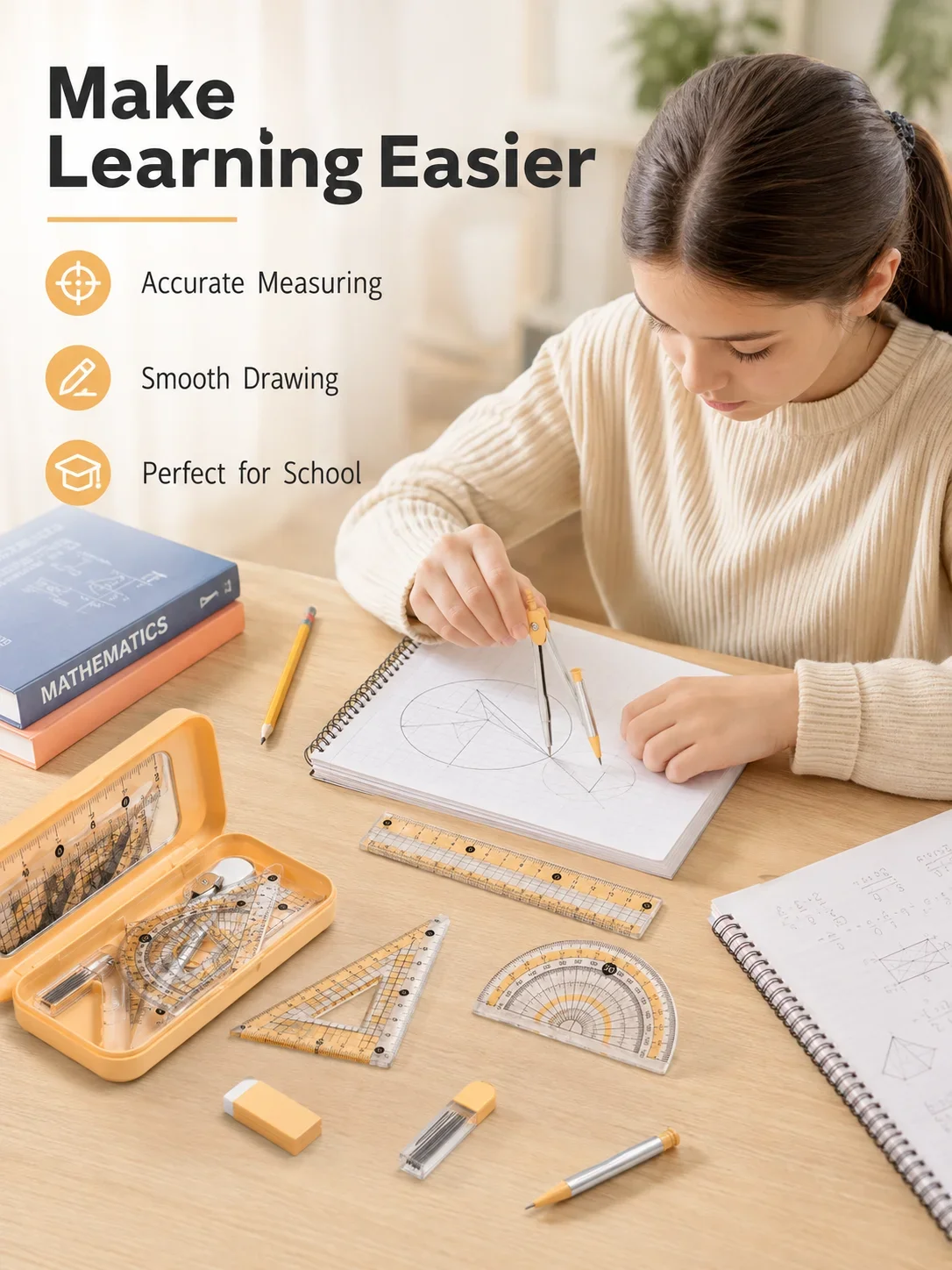 Math Geometry Set With Compass - 8-delige wiskundige meetkundigset voor studenten, passer,