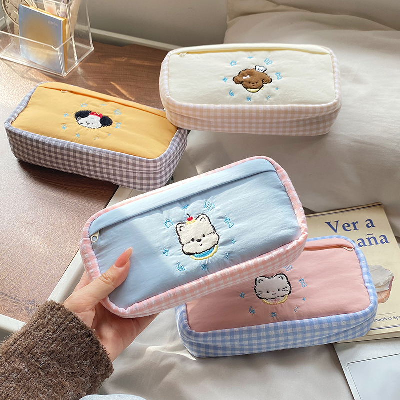 Aesthetic Large Pencil Case Pouch - Schattige dierenborduurwerk gingham potloodtas, esthetische Koreaanse