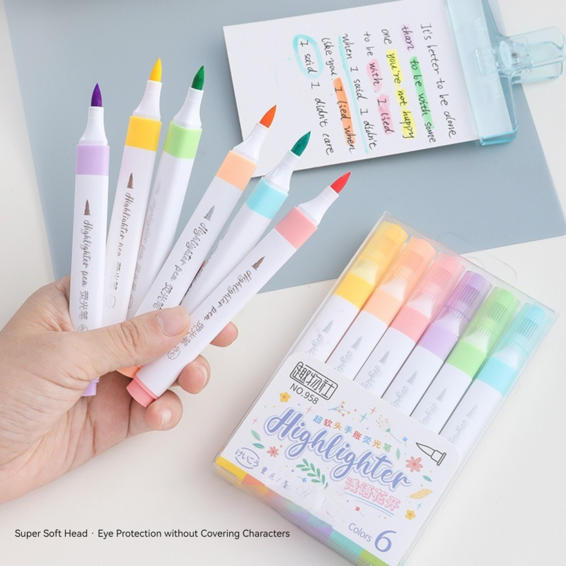 Pastel Highlighter Set Double Ended - 6 Kleuren Pastelkleur Markeerstift Set Borstel