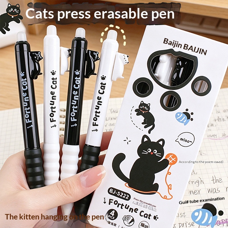 Retractable Eraser Pen Click - 4-pack schattige uitwisbare gelpennen met kattenmotief,