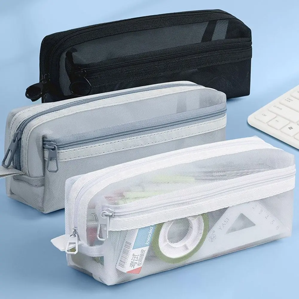 Clear Mesh Pencil Pouch For Exam - Ruime dubbellaagse mesh-pennenorganizer met transparante ritsvak