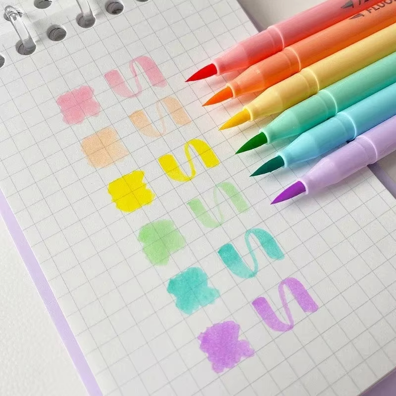 Pastel Highlighter Set Double Ended - 6-kleuren Zachte Borstel Fluorescentie Pen Set