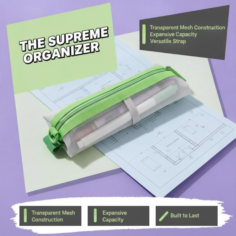 Clear Mesh Pencil Pouch For Exam - Transparante mesh-potloodhouder met dubbele rits, verstelbare