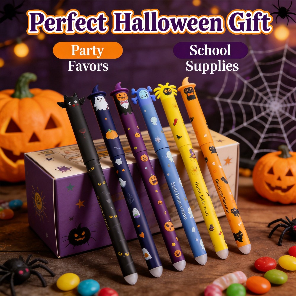 Retractable Eraser Pen Click - 1-6 stuks Halloween uitwisbare gelpennen, 0,7
