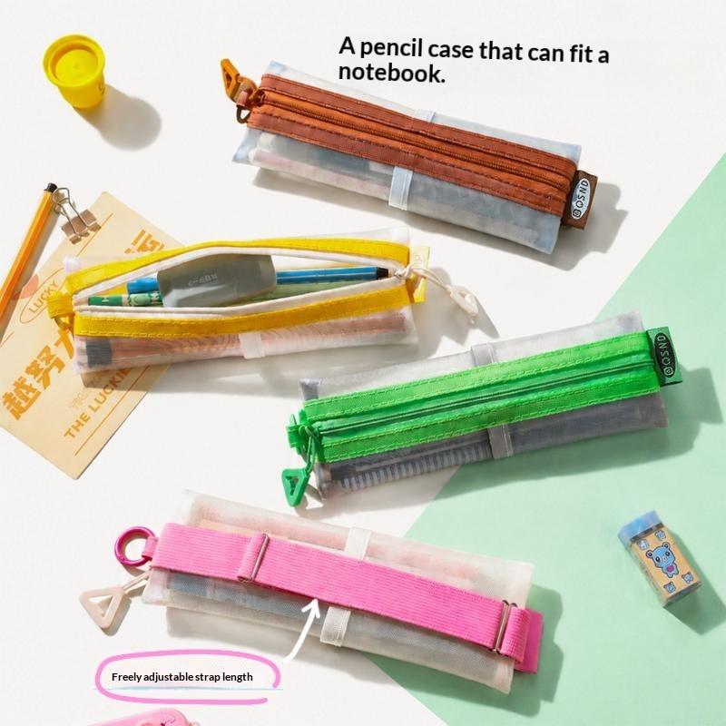 Clear Mesh Pencil Pouch For Exam - Transparante mesh-pennenzak met dubbele rits, verstelbare