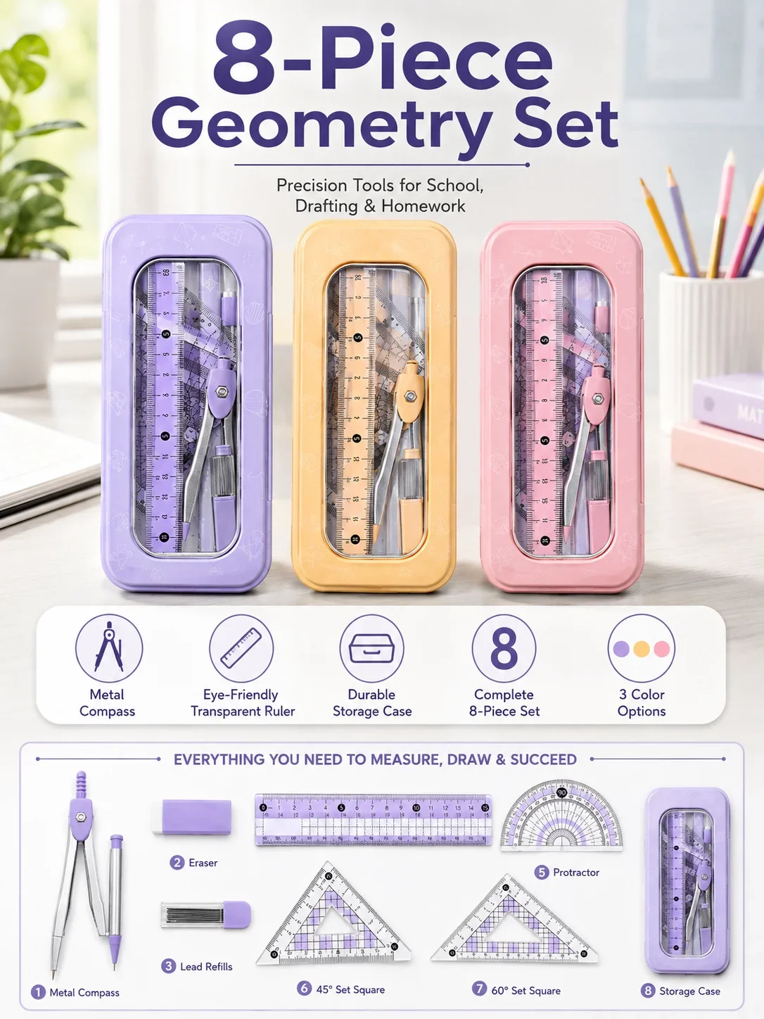 8-delige wiskundige meetkundig - Math Geometry Set With Compass recensie en prijs